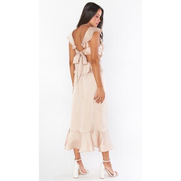 Show Me Your Mumu Zoey Midi Bridesmaid Formal Dress Champagne Luxe Satin NWT S - Picture 2 of 5